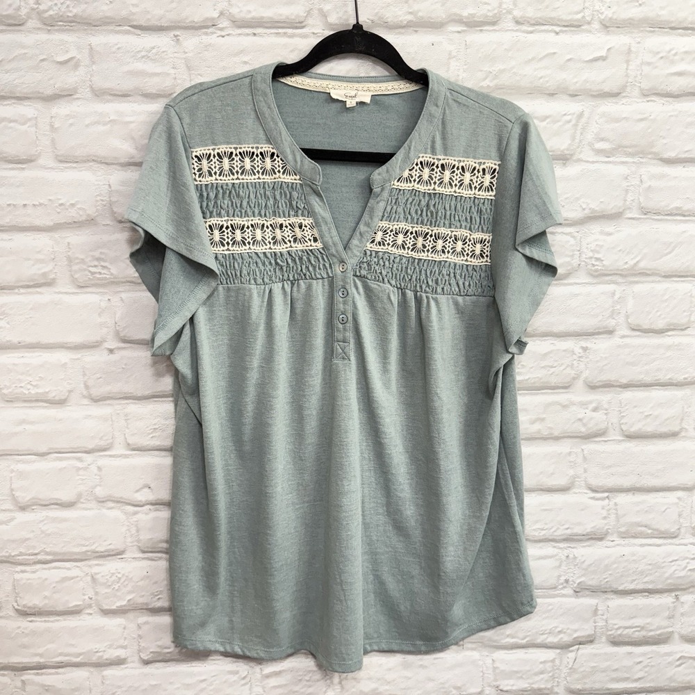 Bohemian Crochet Peasant Blouse Women's Sz S Hippy Cottage Core Ruched Lace Top - Picture 2 of 13